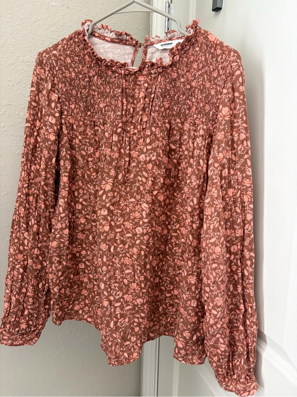 Sonoma Rust-Pink Floral Smocked Yoke Blouse